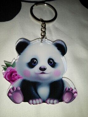 Cute Panda Keychain with Pink Rose Acrylic 2D Adorable